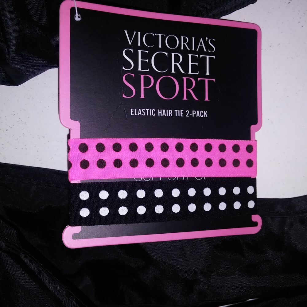 Victoria Secret Sport Tote Bag Nylon Black Neon Pink 2 Hair Ties 14" x 16" - Picture 8 of 11